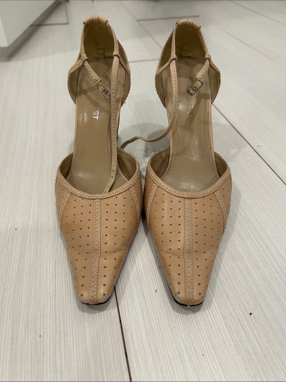 Nine West Tan Perforated Pointed-Toe Ankle-Strap Heels
